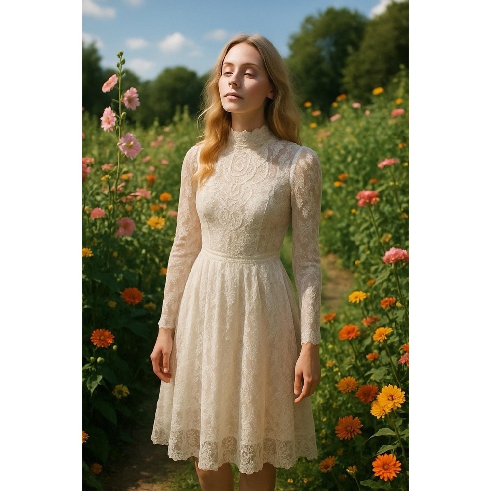 Vintage Gunne Sax Lace Dress White Victorian Prairie Cottagecore Bridal Midi